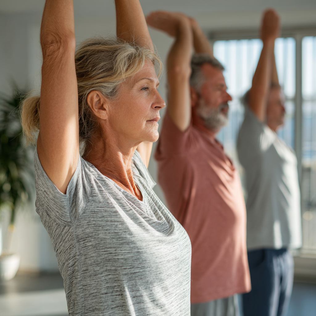 Middle-aged adults performing gentle morning mobility exercises in natural light