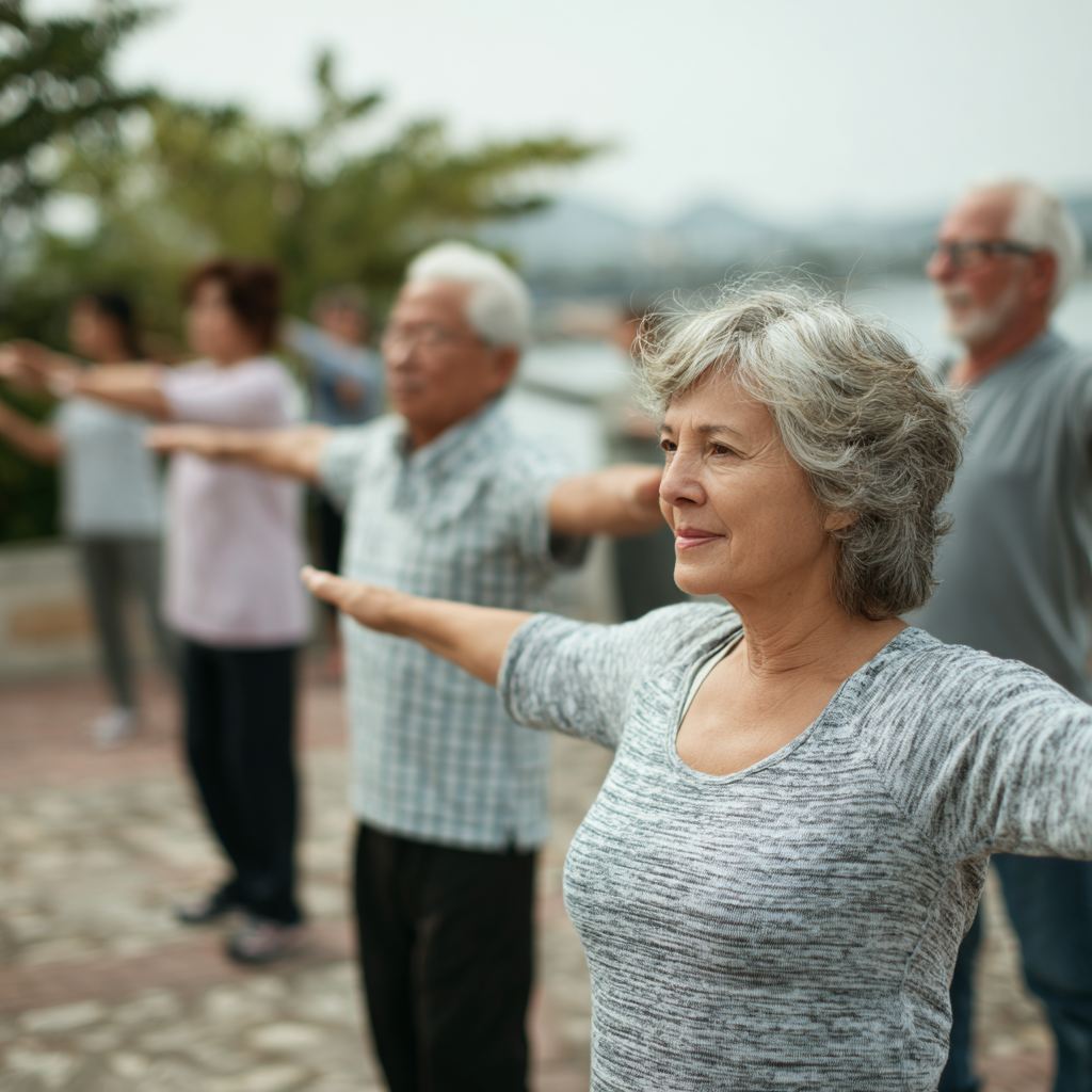 Diverse group of middle-aged and older adults practicing gentle movement exercises outdoors
